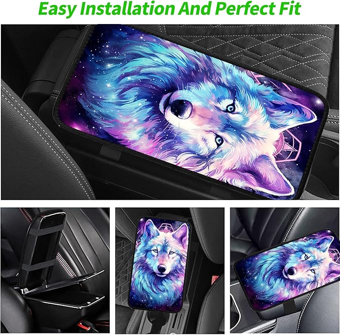 JANENFNA Car Armrest Cover Pads Universal Fashion Cute Auto Center Console Armrest Cover Pad with 2PCS Car Coasters Soft Waterproof Car Armrest Seat Protector for Women,Cosmic Wolf