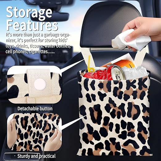 BEAKND Hanging Car Garbage Bag, Cute Car Trash Can Bag, Automotive Accessories for Women Men Cute Brown Black Leopard