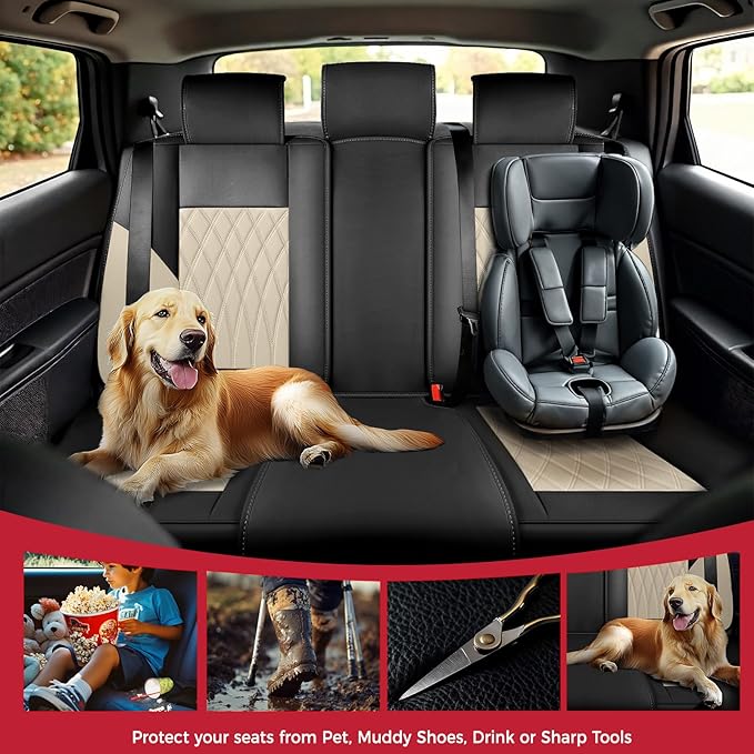 FREESOO Black Beige Car Seat Covers Full Set - Faux Nappa Leather Seat Covers for Cars, Luxury Breathable Waterproof Front Seats with Lumbar Support and Back Seat Cover, Fit for Sedans SUVs Pick-ups