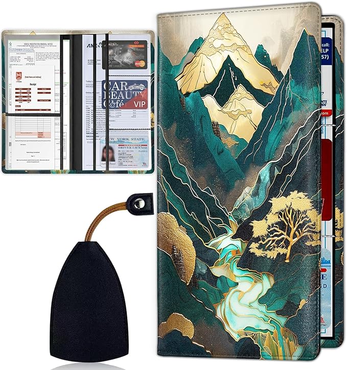 Car Registration Holder, Waterproof PU Leather Vehicle Card Document Glove Box Organizer, Women Interior Auto Accessories Case for Cards, Driver License Car Insurance Holder, Abstract Mountain Art