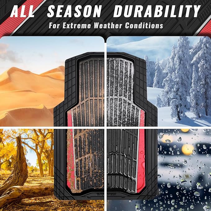 CAR PASS Heavy Duty Rubber Car Floor Mats, Deep Waterproof Car Floor Mats All Weather, Aluminum Film Floor Mats for Cars Non-Slip Universal Trim to Fit for SUVs Trucks Sedans Vans, Black Red Metallic