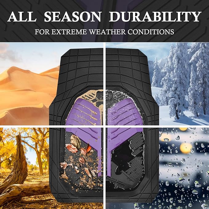 CAR PASS Heavy Duty Rubber Car Mats, Deep Dish Car Floor Mats All Weather, Car Mats Full Set Trim to Fit for Sedans SUVs Trucks, Waterproof Anti-Slip Automotive Mats, Black and Purple (4 Pcs)