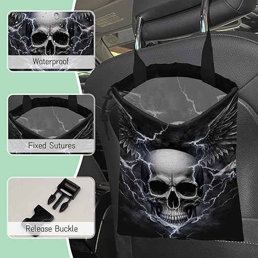 NHNXHWIA Skull Lightning Car Garbage Bag,Waterproof Small Car Trash Bag Hanging Back of Seat,Drawstring Hanging Car Trash Bag with Adjustable Buckle for Car Accessories