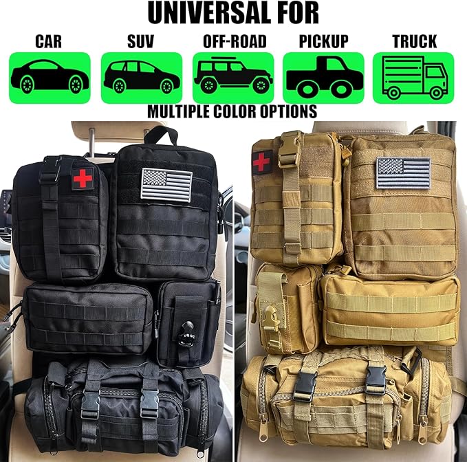 AIAUTOAIEV 7 PACK Tactical Seat back organizer Truck organizer With 6 Detachable Pouches Universal For Car Truck Ford Jeep Military-Grade Heavier Panels With Multi-functional Packs (Premium black)
