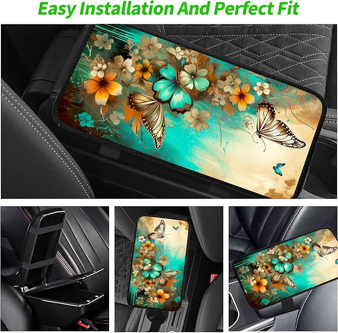 JANENFNA Car Armrest Cover Pads Universal Fashion Cute Auto Center Console Armrest Cover Pad with 2PCS Car Coasters Soft Waterproof Car Armrest Seat Protector for Women,Flowers Butterflies