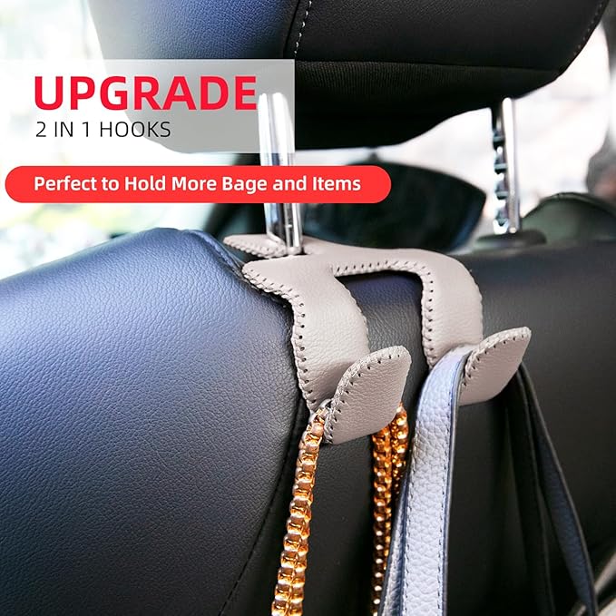 Car Hooks for Purses and Bags,Car Purse Holder Upgraded 2 in 1 Durable Hanger Leather Headrest Hook Car Back Seat Organizer Storage for Purse Car Interior Accessories,2-Pack,Beige