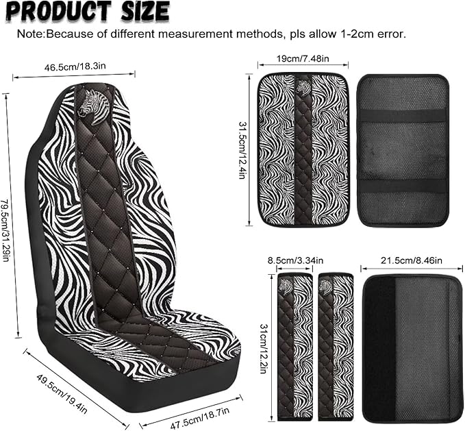 Qeluxign PU Leather Car Seat Cover Set of 5 Auto Accessories 2 Front Bucket Seat Covers, 2 Seatbelt Pads & 1 Armrest Cover, Easy to Install,Zebra Print Zebra Head