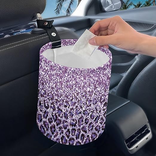 Car Trash Can with Hanging for Back Seat, Car Accessories for Women Men Automotive Garbage Cans Vehicle Trash Can for Truck SUVBling Purple Leopard Print