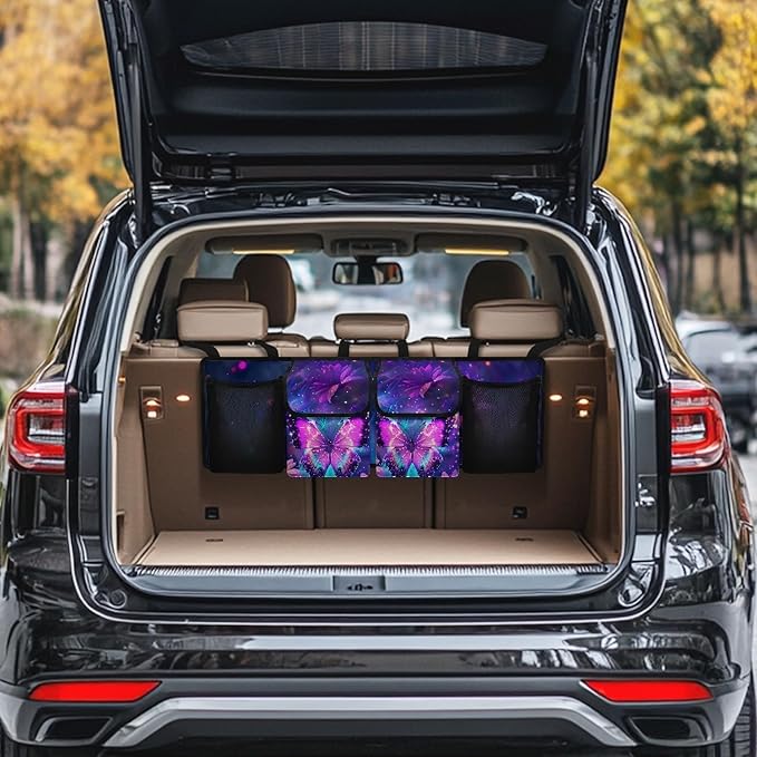 CLOHOMIN Purple Butterfly Car Trunk Organizer Sunflower Car Storage Organizer for SUV Truck Sedan Easy to Install Car Trunk Tool Organizer with 4 Pockets Replacement Car Storage Accessories