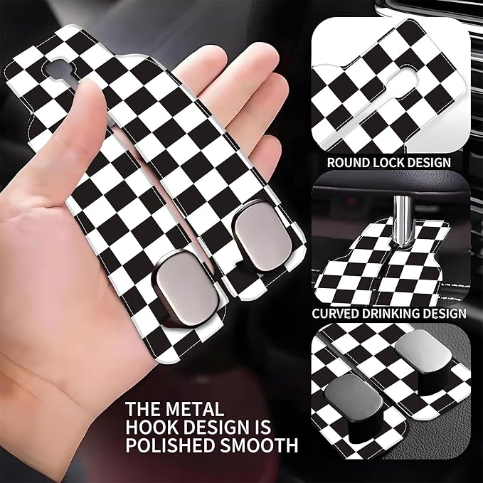 AEWNUNK Car Headrest Purse Hanger Black and White Checkered 1 Pack Bag Purse Holder for Car Premium Leather Double Metal Hook for Handbags, Grocery Bags and Phones