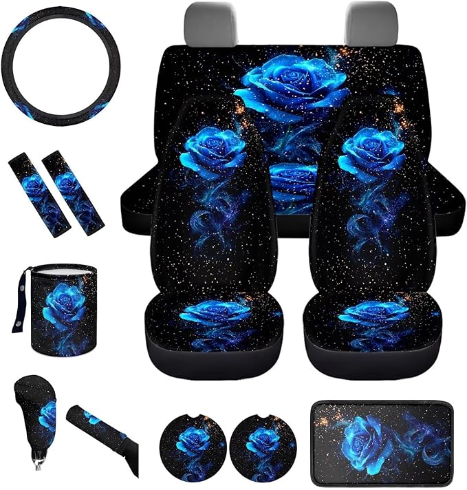 Dngkaoje 13 Pack Romantic Rose Car Seat Cover Full Set for Women Auto Interior Accessories Set with Blue Rose Leakproof Hanging Vehicle Trash Bin,Handbrake Shift Covers,Steering Wheel Covers