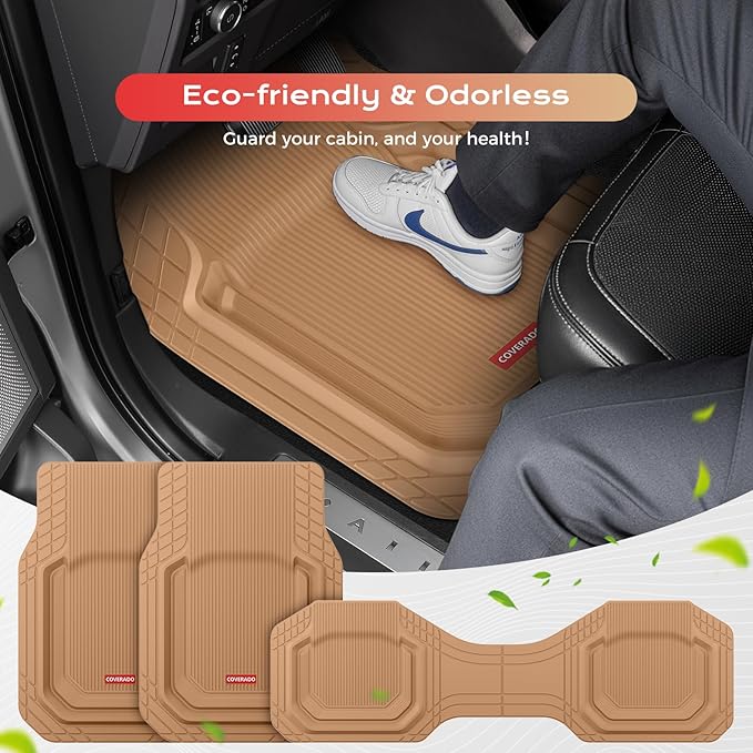 Coverado Car Floor Mats Heavy Duty, Deep Dish All-Weather Beige Mats, Universal Waterproof Trim to Fit Automotive Mats for Cars SUV Trucks, Durable Floor Liner Car Accessories, Full Sets, 3pcs