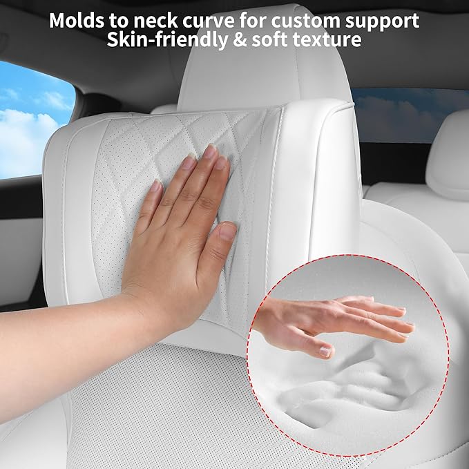 Dapucarin Car Headrest Pillow U-Shaped, Memory Foam Head Neck Support Cushion for Driving, Leather Head Rest Travel Pillows for Sleeping, Breathable Removable Cover, White, 1 Pack