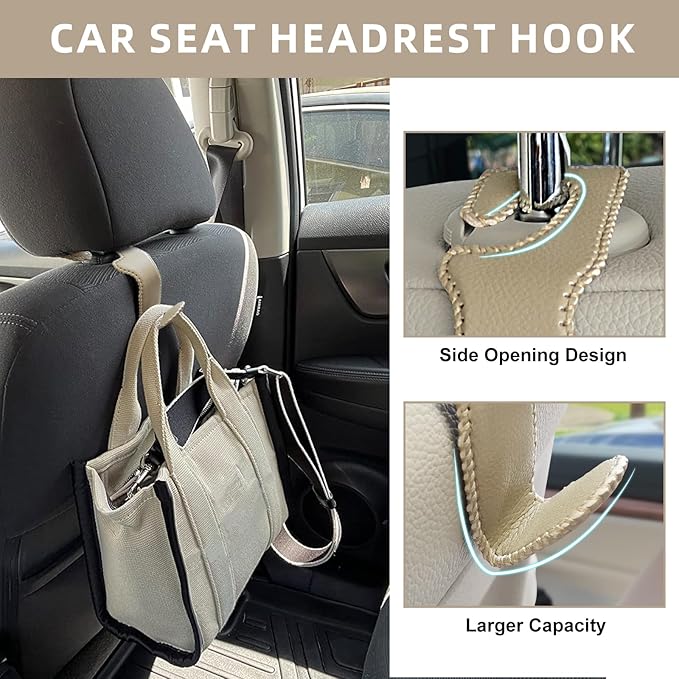Etre Jeune Car Bag Hooks - 2 Pack Beige Leather Seat Hooks for Hanging Purses, Bags and Coats