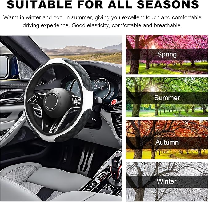Car Steering Wheel Cover, 15 Inches Non-Slip Leather Car Steering Wheel Protector, Universal Steering Wheel Soft Cover Mats for Car Truck SUV, Interior Car Accessories (White)