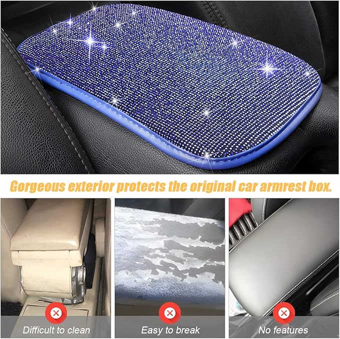 Moly Magnolia Bling Center Console Cover, Diamond Fashion ArmRest Pad, Crystal Soft Arm Rest Protective Cushion, Car Accessories for Women Girls, 11.8"×8.5" for Most of Vehicles, SUVs, Trucks (Blue)