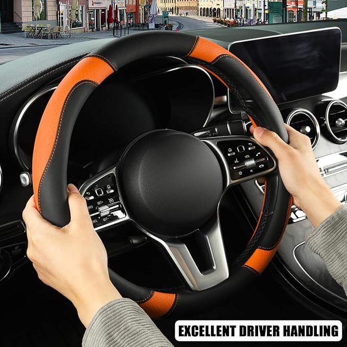 Binsheo Microfiber Leather Steering Wheel Cover Large for Ford F150 F250 F350 RAM 4Runner Tacoma Tundra Range Rover Model X Model S, Breathable, Anti Slip, 15.5 inch to 16 inch, Black with Orange