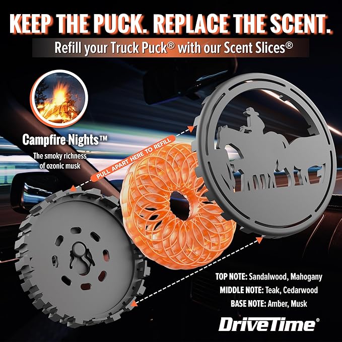 Drive Time Truck Puck Refill - Campfire Nights Fragrance Premium Long-Lasting Car Air Freshener, Odor Eliminator/Deodorizer
