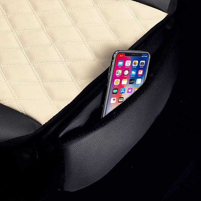 FH Group Faux Leather Front Set Car Seat Cushion Pads with Front Pocket – Universal Fit for Cars Trucks & SUVs (Beige/Black)