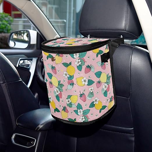 MNSRUU Car Trash Can with Lid, Lemon Floral Car Trash Bag Hanging Car Organizers and Storage for Front Back Seat, Leak-Proof Car Trash Bin