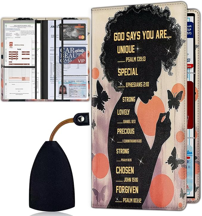 Car Document Holder with Magnetic Shut, Car Registration & Insurance Card Holder, PU Leather Glove Box Organizer Vehicle Accessories Driver License for Women/Men, African Black Woman Butterfly
