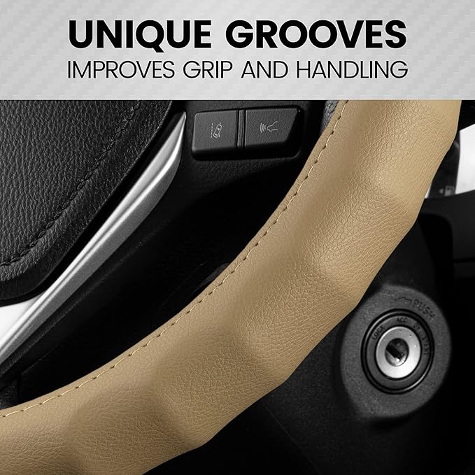BDK Genuine Leather Car Steering Wheel Cover Small Size 13.5 to 14 Inch Beige -, Easy Installation