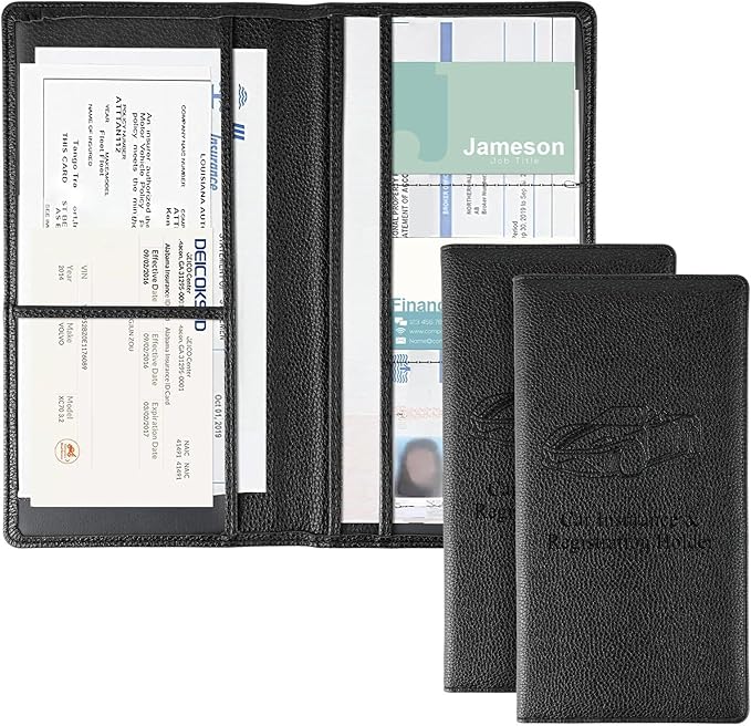 JUSTTOP 2Pack Car Registration and Insurance Holder,Car Document Holder for Cards License with Magnetic Shut,Vehicle Glove Box Car Organizer for Documents, Cards, License(Embossed leather Black)