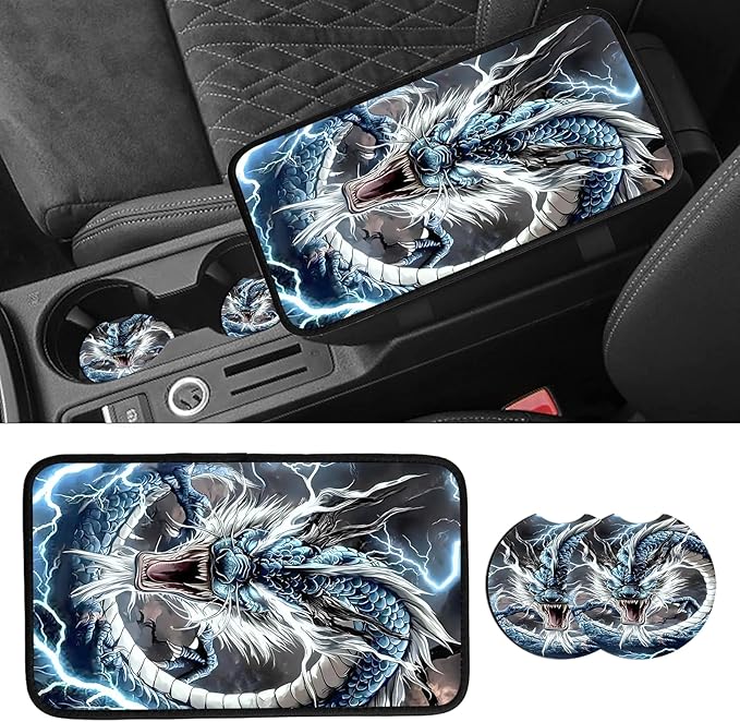 JANENFNA Car Armrest Cover Pads Universal Fashion Cute Auto Center Console Armrest Cover Pad with 2PCS Car Coasters Soft Waterproof Car Armrest Seat Protector for Women,Thunder Dragon-A
