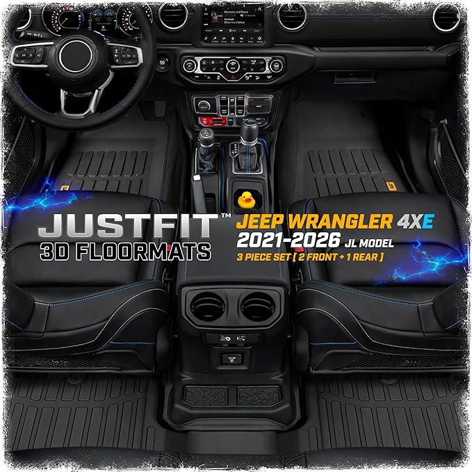 Cat® JustFit™ 3D Floor Mats for Jeep Wrangler 4XE 2021–2026 4-Door Custom Fit All Weather Floor Liners Heavy Duty Rubber Mats for 4XE Hybrid Jeep Wrangler Accessories for Full Interior Protection 4dr