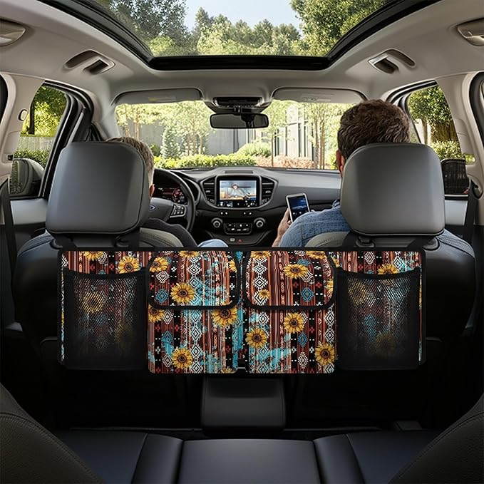 CLOHOMIN Aztec Trunk Organizer for Car Sunflower Car Backseat Hanging Organizer for SUV Van Car Cargo Storage Collapsible with 4 Pockets Adjustable Straps