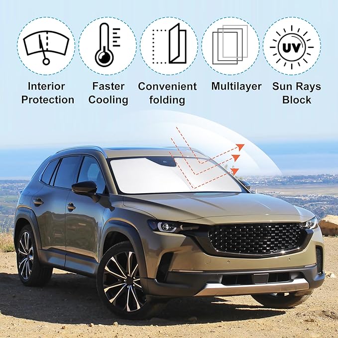 Windshield Sun Shade Custom Fit for 2023 2024 2025 2026 Mazda CX-50 CX50 Accessories Foldable Sunshade Sun Blocker Protect Car from Sun Rays & Heat Damage Keep Car Cooler