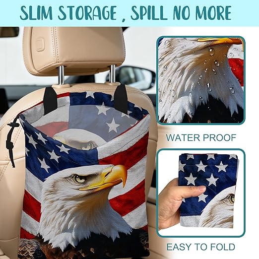 KXWQTRDD Car Trash Bag American Flag and Eagle Leak-Proof Car Garbage Bag with Drawstring Foldable Canvas Trash Bin with Adjustable Buckle for Car Accessories, Travelling, Camping