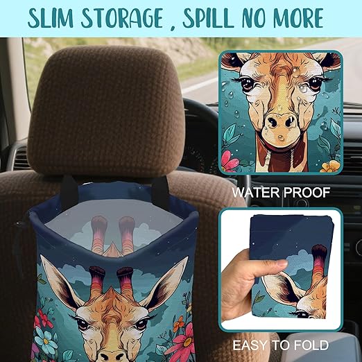 KXWQTRDD Car Garbage Bag Giraffe and Colorful Flowers Drawstring Car Trash Bag Hanging for Back Seat with Adjustable Buckle Canvas Vehicle Trash Can Easy-to-Install
