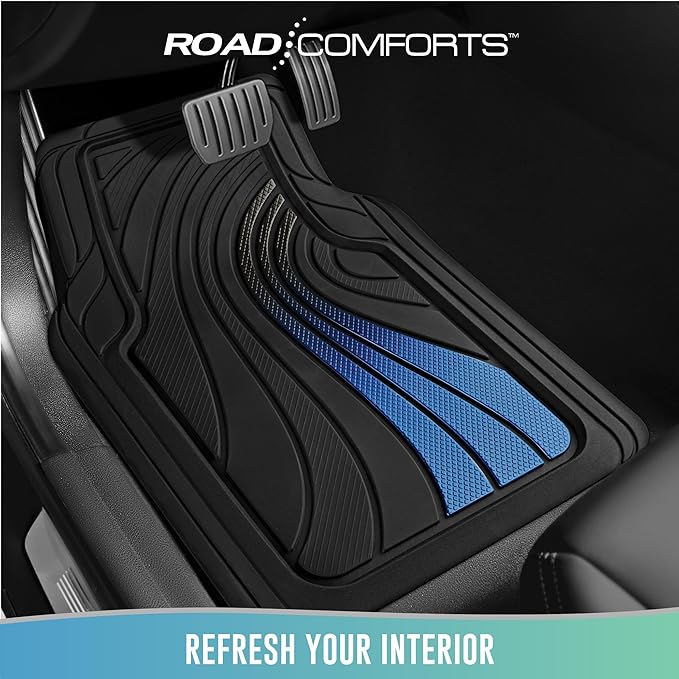 Road Comforts Car Floor Mats Full Set – Front & Rear Car Floor Mats with Aluminum Design, Anti-Slip Backing, All-Weather Protection, Trim-to-Fit Car Mats for Most Sedans, SUVs & Vans - - Blue
