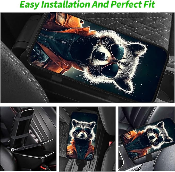 JANENFNA Car Armrest Cover Pads Universal Fashion Cute Auto Center Console Armrest Cover Pad with 2PCS Car Coasters Soft Waterproof Car Armrest Seat Protector for Women,Cool Raccoon Pattern