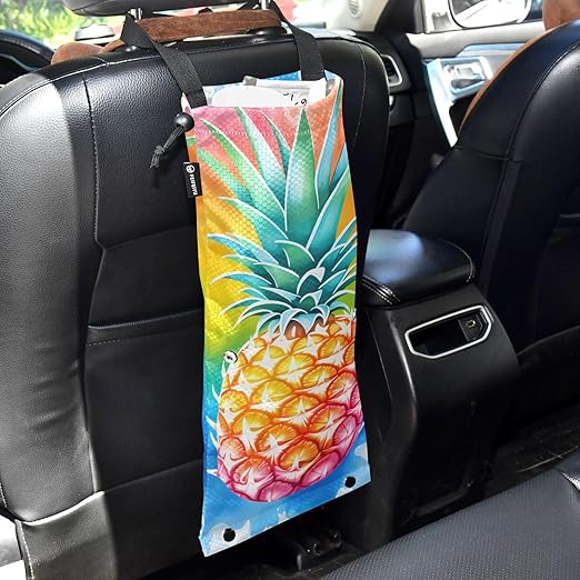 ALAZA Hanging Car Trash Bags Garbage Bag Trash Can for Back Seat Small Colorful Pineapple Washable Storage Bag Retractable 2 Pack