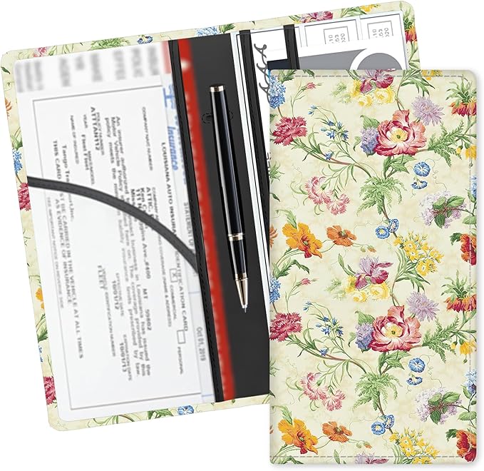 ADUQLZUX Leather Car Registration and Insurance Card Holder, Cute Car Accessories Vehicle Glove Box Car Organizer for Documents, Cards, License Retro Colorful Flowers