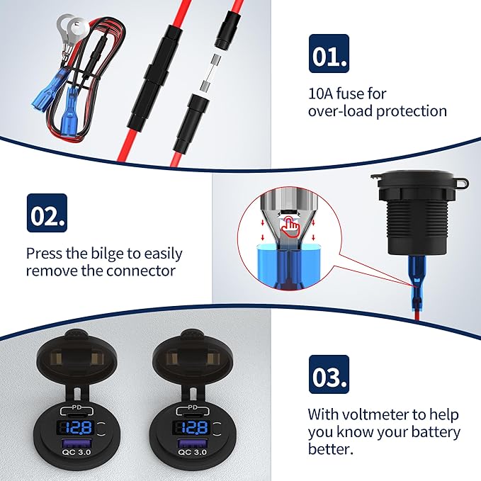 DaierTek 12V USB C Car Charger Socket 3-Pack - 48W PD & QC 3.0 Fast Charging Dual USB Outlet with Voltmeter & ON/Off Switch, Waterproof 12V Charging Port for Car, Marine, Boat, Golf Cart
