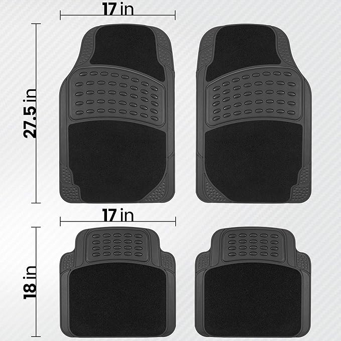 BDK HybridMat Automotive Rubber & Carpet Floor Mats, Front & Rear Seat Mat Set of Interior Liners for Car Sedan SUV Van, Heavy Duty All Weather, Semi-Trim to Fit, Black