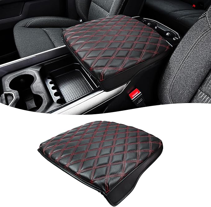 Center Console Cover for Dodge Ram 1500 2019-2026, Bucket Seat, Vinyl Leather Interior Accessories, Car Armrest Cushion Pad, Anti-Scratch, Black-Red Stitch