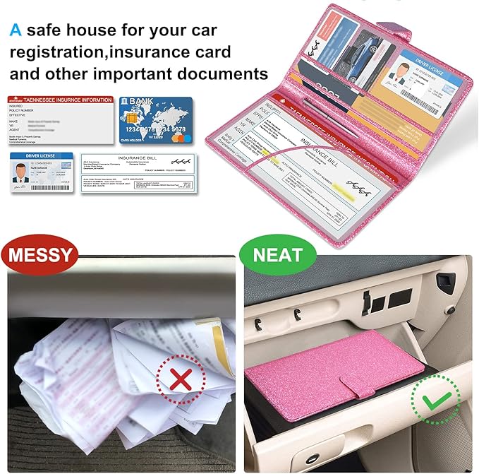 DMLuna Car Registration and Insurance Holder, Leather Vehicle Card Document Glove Box Organizer, Auto Truck Compartment Accessories for Essential Information, Driver License Cards, Glitter Pink