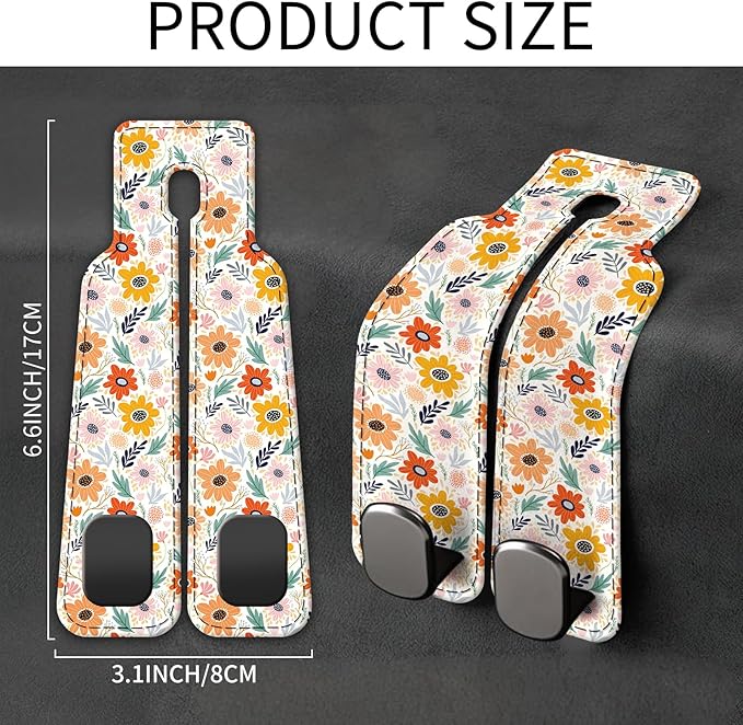 AXBSAKDI Car Seat Back Storage Headrest Hook, Premium Leather Double Metal Hook, Hanger Storage Organizer for Purse Cloth Bag, Car Interior Accessories Colorful Small Flowers