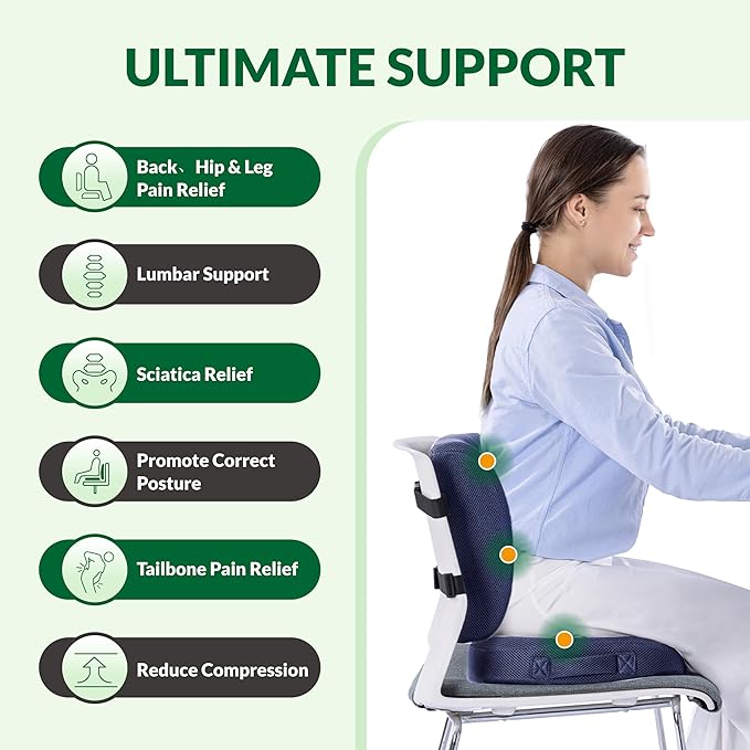 FuturaLoom Charcoal Memory Foam Seat Cushion & Adjustable Lumbar Pillow Set - Back Support for Pain Relief (Sciatica,Tailbone),Washable & Non-Slip,Multipurpose for Office,Car,Wheelchair - Navy Blue