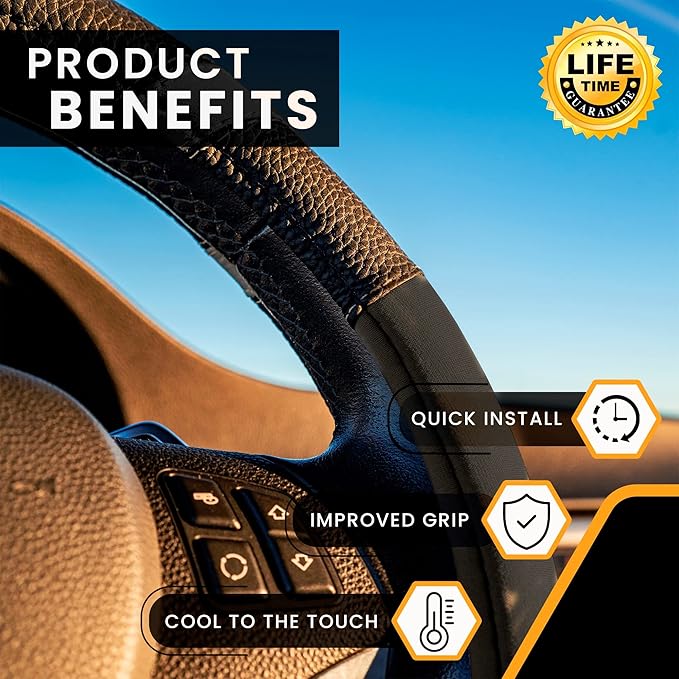 Gorla Gear Black Leather Neoprene Steering Wheel Cover Women Men, Easy Fast Installation, Universal Fit 14.5 15 15.5 Inch, Anti-Slip Safer Grip Car Accessories for Automobile Truck SUV Van