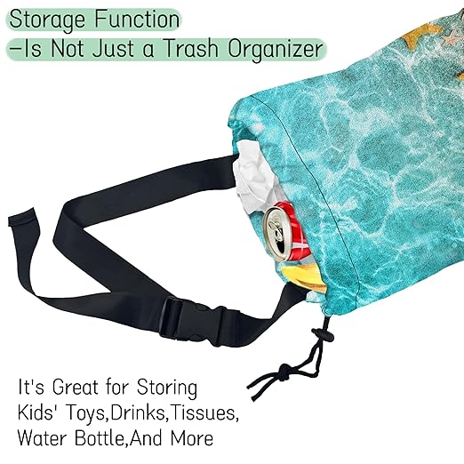 NHNXHWIA Starfish and Seashells Car Garbage Bag,Summer Ocean Waterproof Small Car Trash Bag Hanging Back of Seat,Drawstring Hanging Car Trash Bag with Adjustable Buckle for Car Accessories