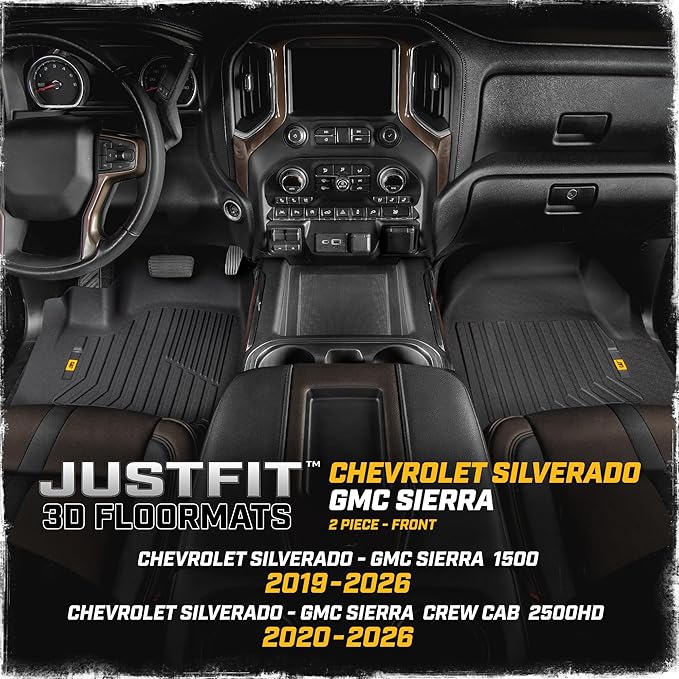 CAT® JustFit™ 3D Custom Fit Floor Mats Chevrolet Silverado 1500/GMC Sierra 2019-2026, Chevy Silverado 2500HD/3500HD Crew Cab/GMC Sierra 2500HD/3500HD Crew Cab 2020–26 Floor Liner Laser Measured Front