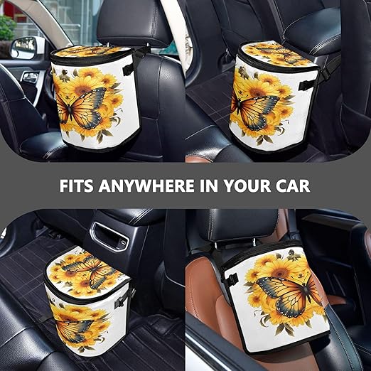 MNSRUU Car Trash Can with Lid, Butterfly Sunflower Car Trash Bag Hanging Organizers and Storage for Front Back Seat, Leak-Proof Trash Bin