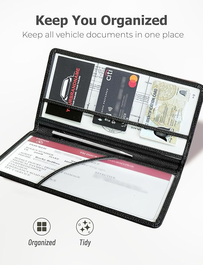 Yarnic Car Registration and Insurance Holder, Car Document Holder with Magnetic Closure, Registration and Insurance Card Holder Car Organizer Glove Box Compartment Organizer for Men Women (Black)
