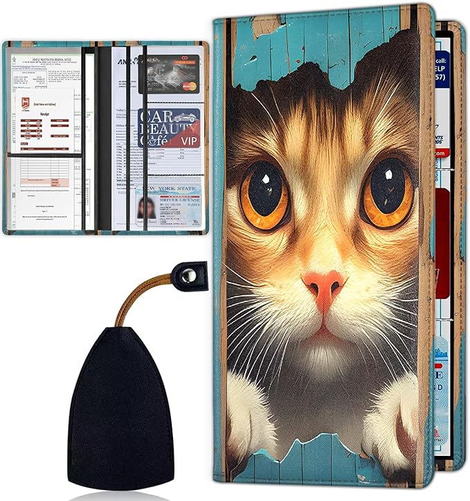 Car Registration and Insurance Card Holder for Women Men, Waterproof PU Leather Glove Box Car Organizer with Magnetic Shut, Vehicle Document Holder for Driver License,Cards, Cute Cat Wooden Board