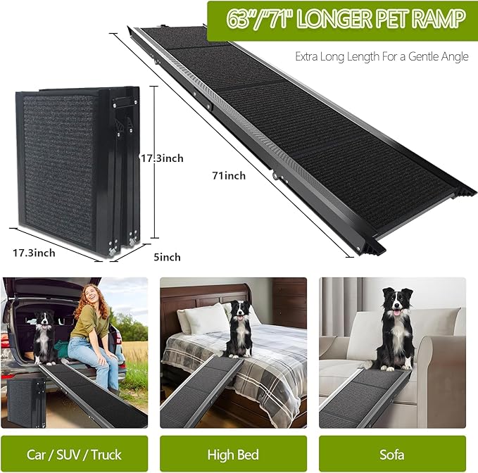 RUBLELITIE Dog Ramp for Cars SUV Truck-17.3x71in Heavy Duty Foldable Wide Outdoor Pet Stairs with Non-Slip Surface Portable Folding Design for Large Dogs Up to 250lbs (71" L x 17.3" W)